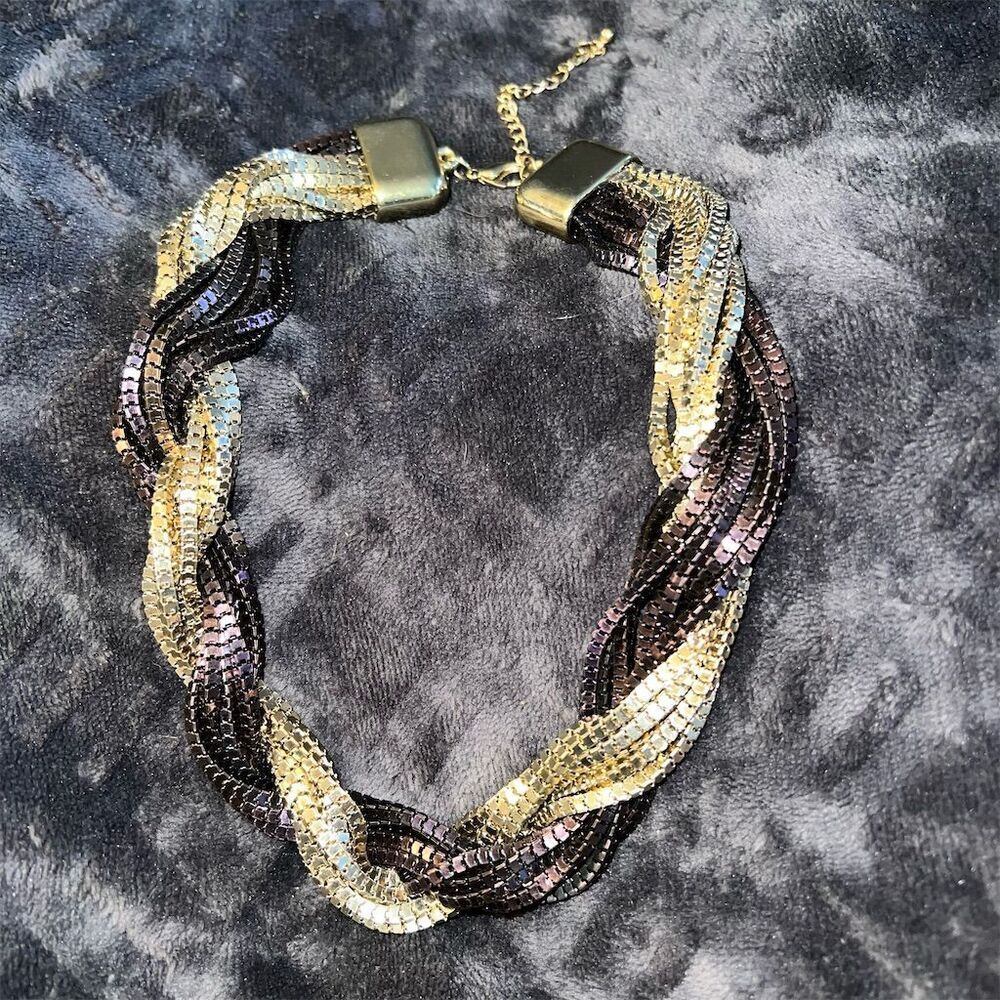Vintage Tri-Color Braided Statement Necklace Multicolor Adjustable